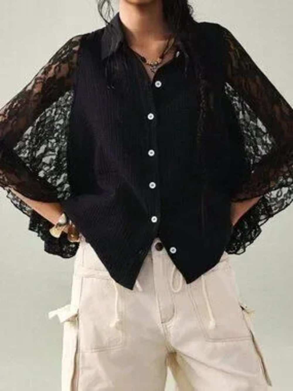 ZARA Black Casual Women's Lace Patchwork Batwing Sleeve Elegant Blouse